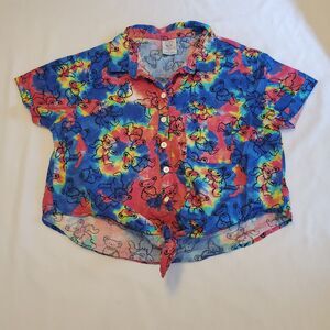 Vtg Greatful Dead Womens Sz L Cropped Tie Button Front Shirt Tie Dye Jerry Bears